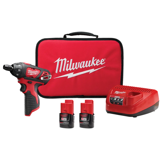 Milwaukee tool kit with drill, batteries, and charger on a white background