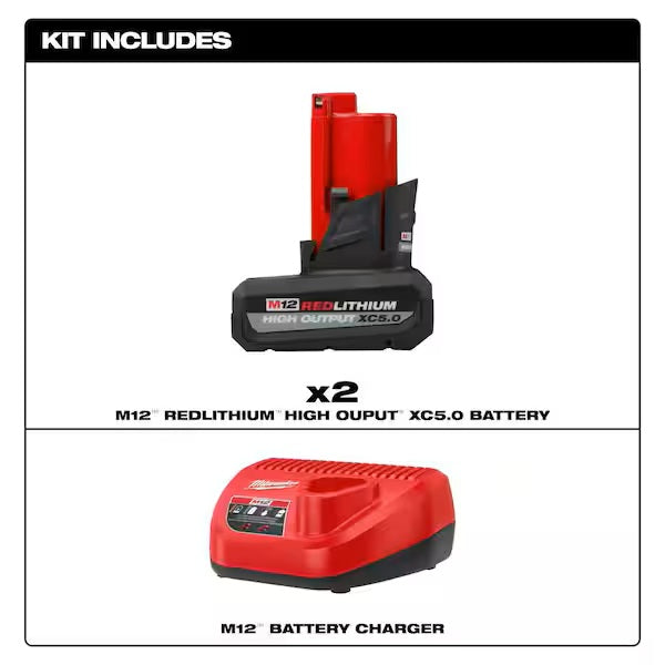 Milwaukee M12 RedLithium battery and charger set on a white background