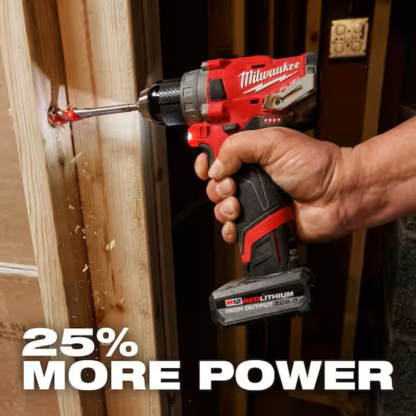 Person using a Milwaukee power drill on wood with '25% More Power' text overlay.