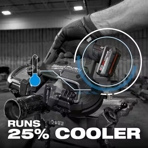 Close-up of a power tool with a focus on the battery, showing text 'Runs 25% Cooler'.