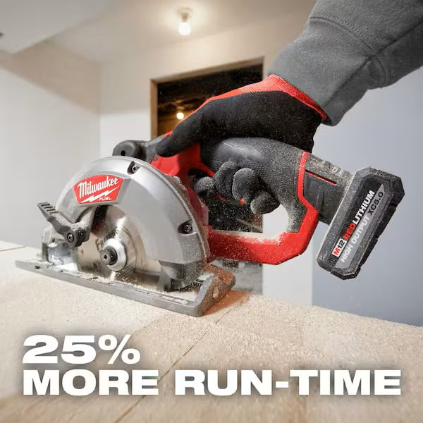 Person using a Milwaukee cordless circular saw on a wooden floor with text '25% More Run-Time'.