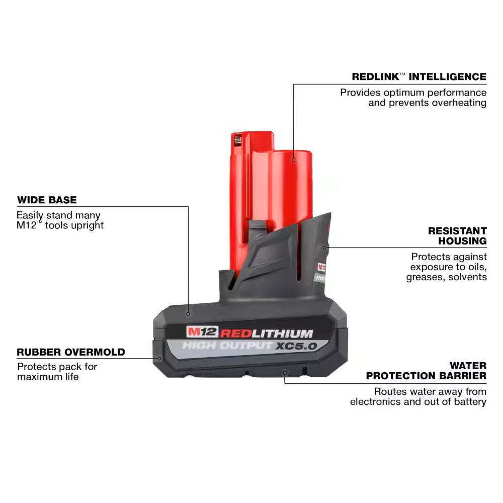 Red lithium-ion battery pack with features highlighted on a white background