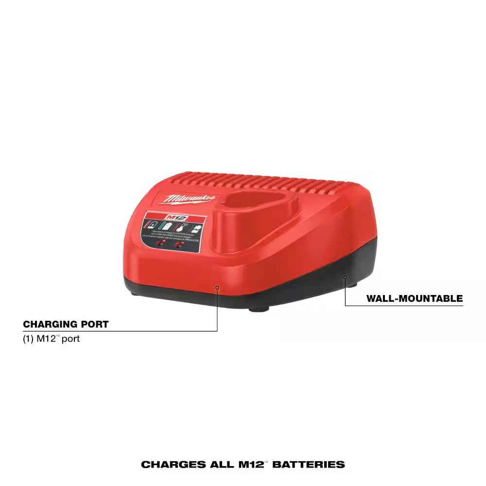 Red Milwaukee battery charger with text indicating features on a white background