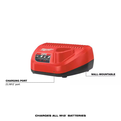 Red Milwaukee battery charger with text indicating features on a white background