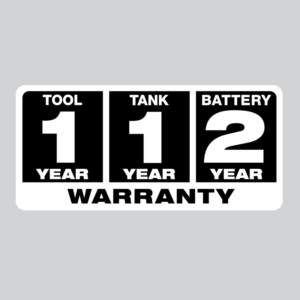 Warranty: Tool - 1 Year, Tank - 1 Year, Battery 2 Year