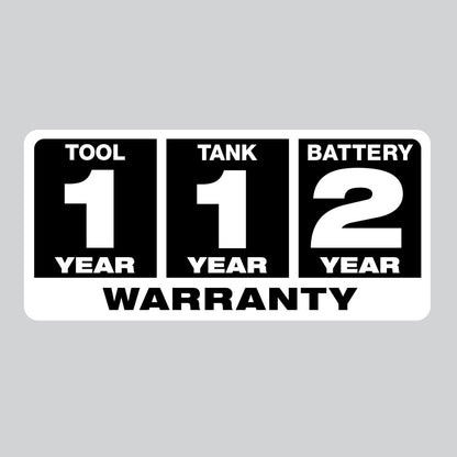 Warranty: Tool - 1 Year, Tank - 1 Year, Battery 2 Year