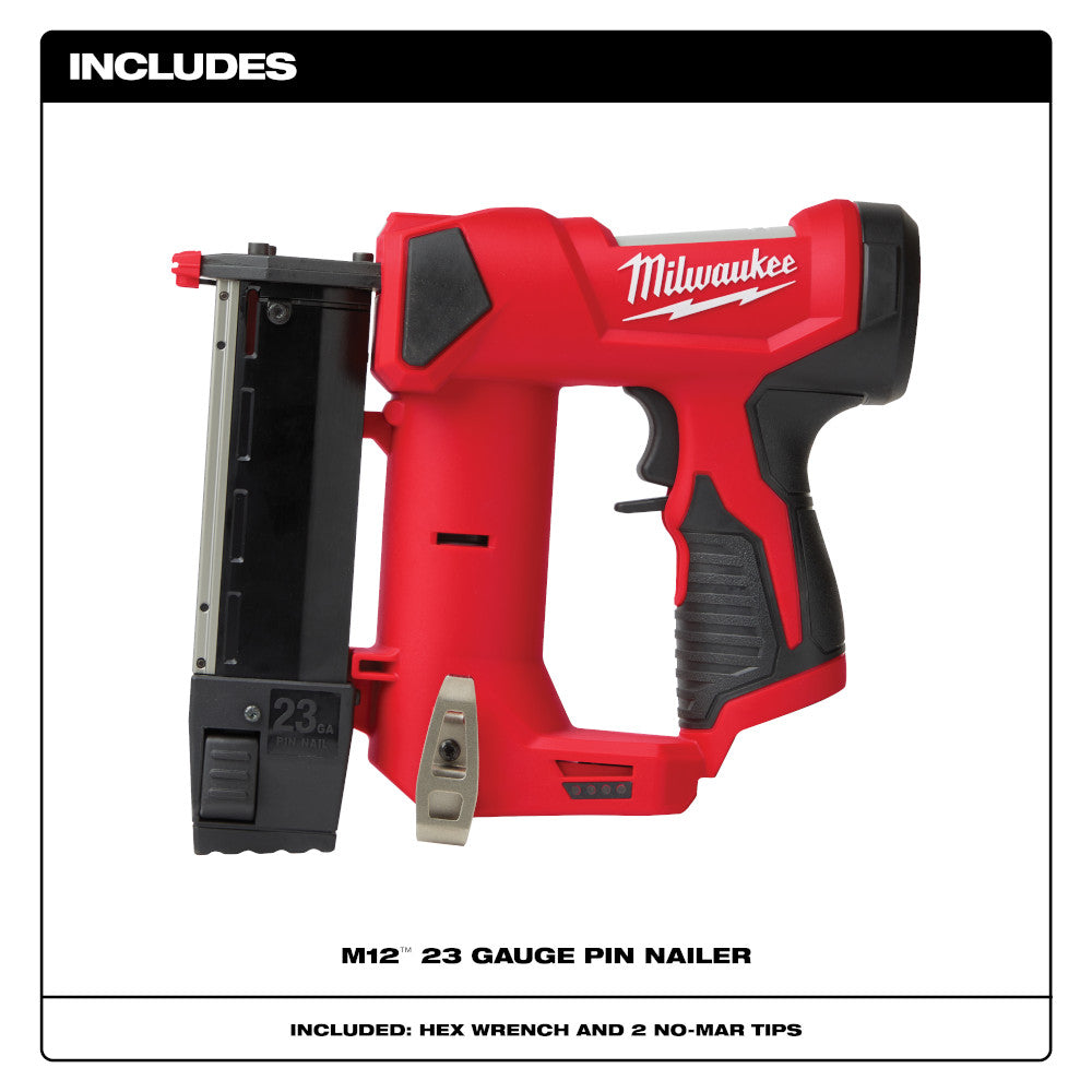 Kit includes M12™ 23 Gauge Pin Nailer, Hex Wrench and 2 No-Mar Tips