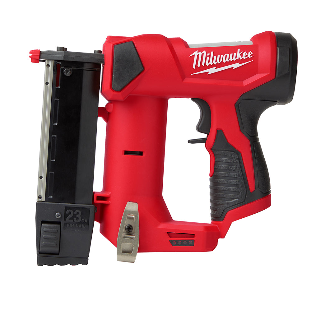 A red and black Milwaukee M12 23 Gauge Pin Nailer tool.