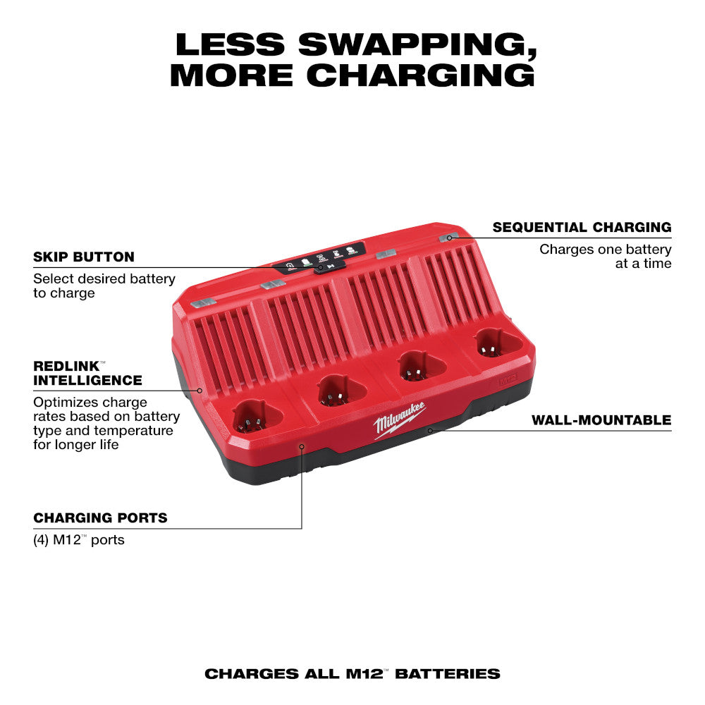 Less swapping, More Charging. M12™ 4-Bay Sequential Charger Specs