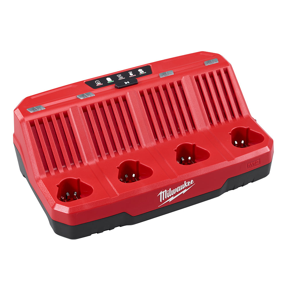 A red and black Milwaukee M12 4-Bay Sequential Charger designed for charging battery packs.