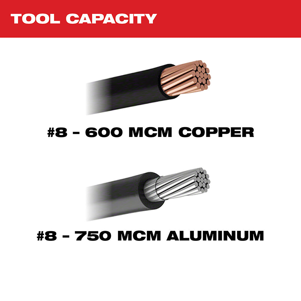 Tool capacity: #8 - 600 MCM Copper, #8 -  750 MCM Aluminum