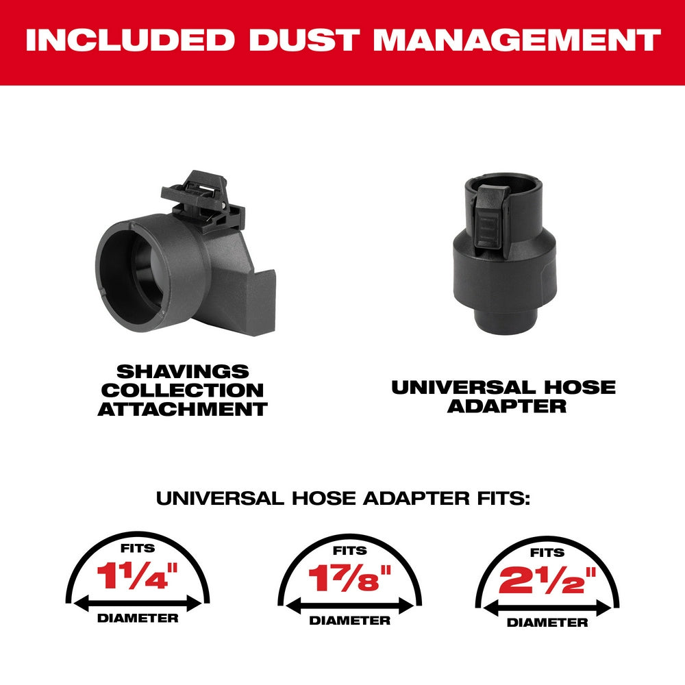 Included Dust Management, Shavings Collection Attachment, Universal Hose Adapter