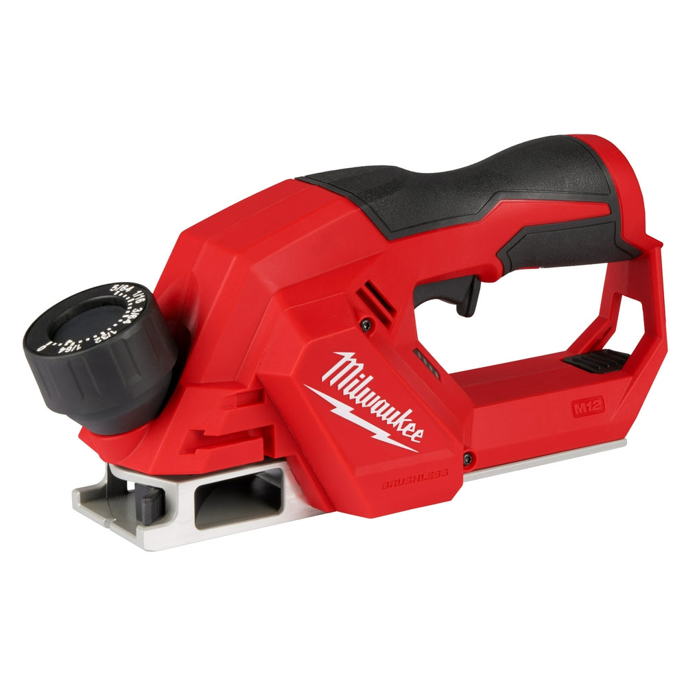 A red and black Milwaukee M12 Brushless 2 inch Planer, a power tool designed for carpentry and woodworking.