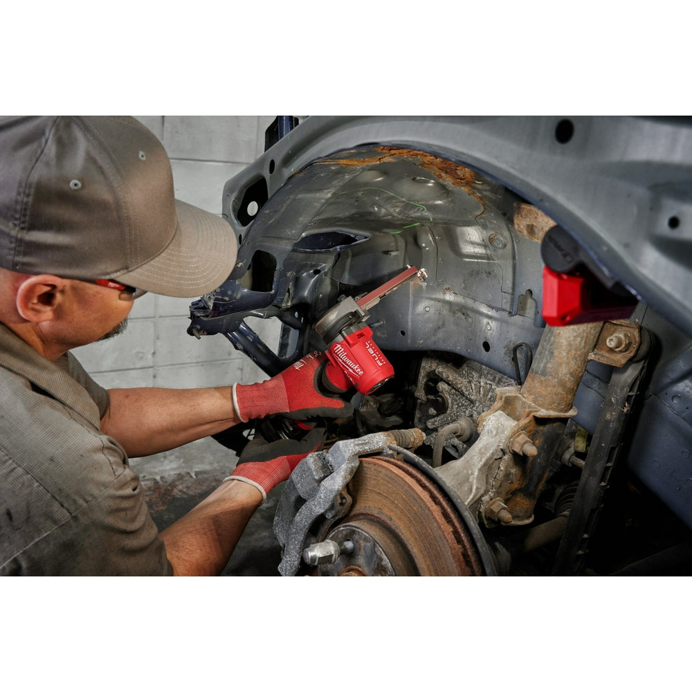 Auto worker using the M12 FUEL™ 1/2" X 18" Bandfile