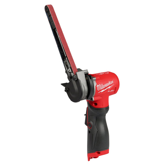 Milwaukee M12 FUEL 1/2" x 18" Bandfile tool in red and black color, designed for spot weld removal, with a visible black sanding belt.
