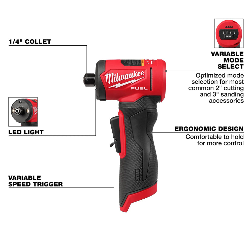 M12 FUEL™ 1/4" Right Angle Die Grinder with features highlighted on a white background