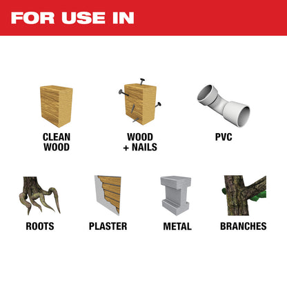 For use in Clean Wood, Wood + Nails, PVC, Roots, Plaster, Metal, Brances