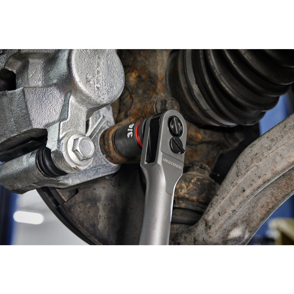 Person working on a car engine with M12 FUEL™ INSIDER™ Extended Reach Box Ratchet. 