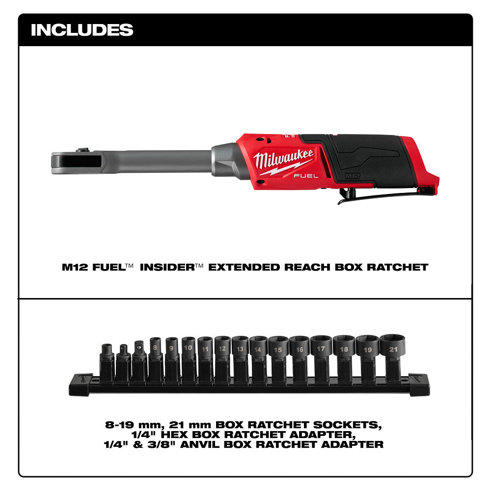 Includes M12 FUEL™ INSIDER™ Extended Reach Box Ratchet, 8-19 mm, 21 mm Box Ratchet Sockets, 1/4" Hex Box Ratchet Adapter, 1/4" & 3/8" Anvil Box Ratchet Adapter