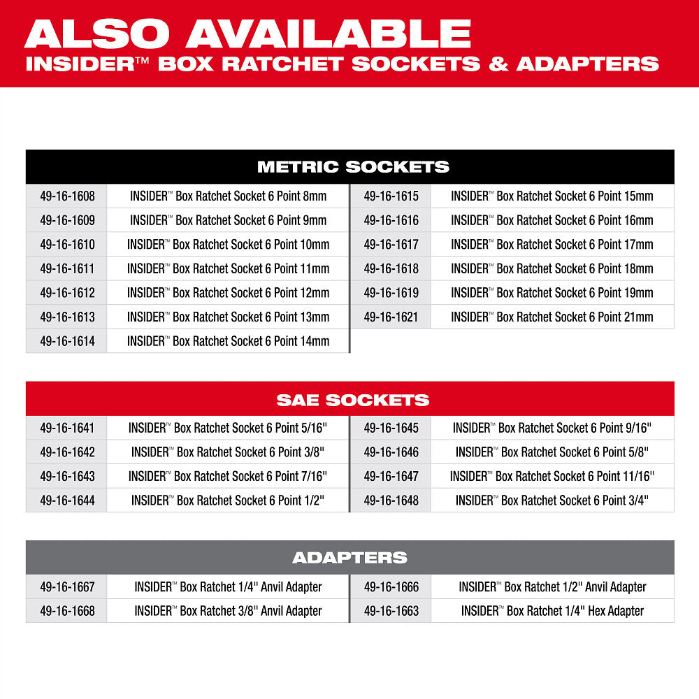 Also Available insider box Ratchet Sockets & Adapters
