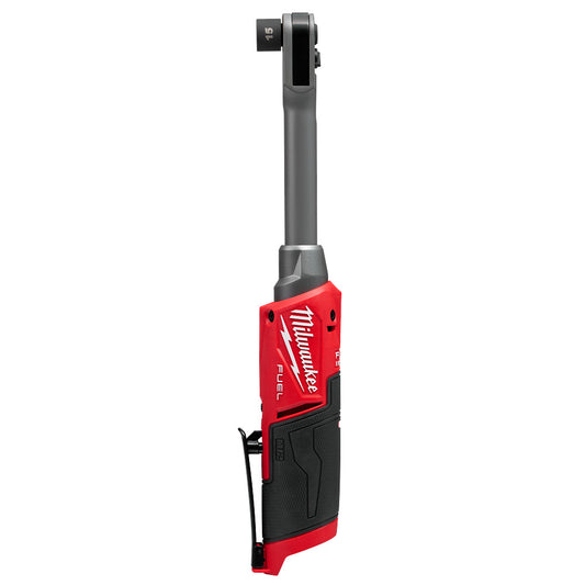 A red and black Milwaukee M12 FUEL INSIDER Extended Reach Box Ratchet, designed for mechanical applications with a red battery at the base and a black handle.