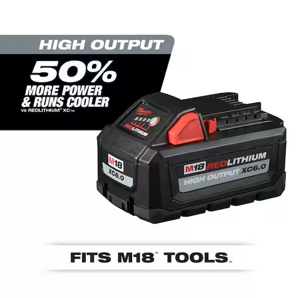 RedLithium M18 battery pack with text highlighting power and compatibility on a white background