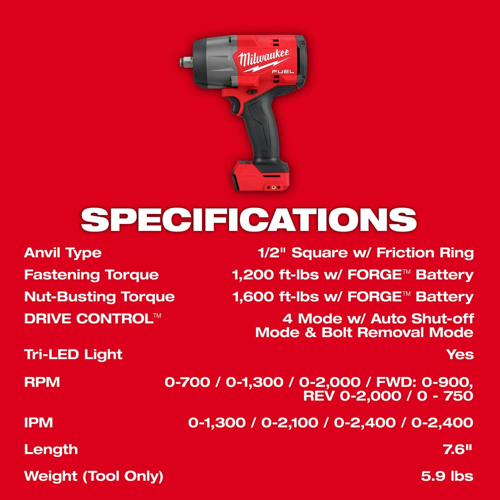 M18 FUEL™ 1/2" High Torque Impact Wrench w/ Friction Ring with specifications on a red background