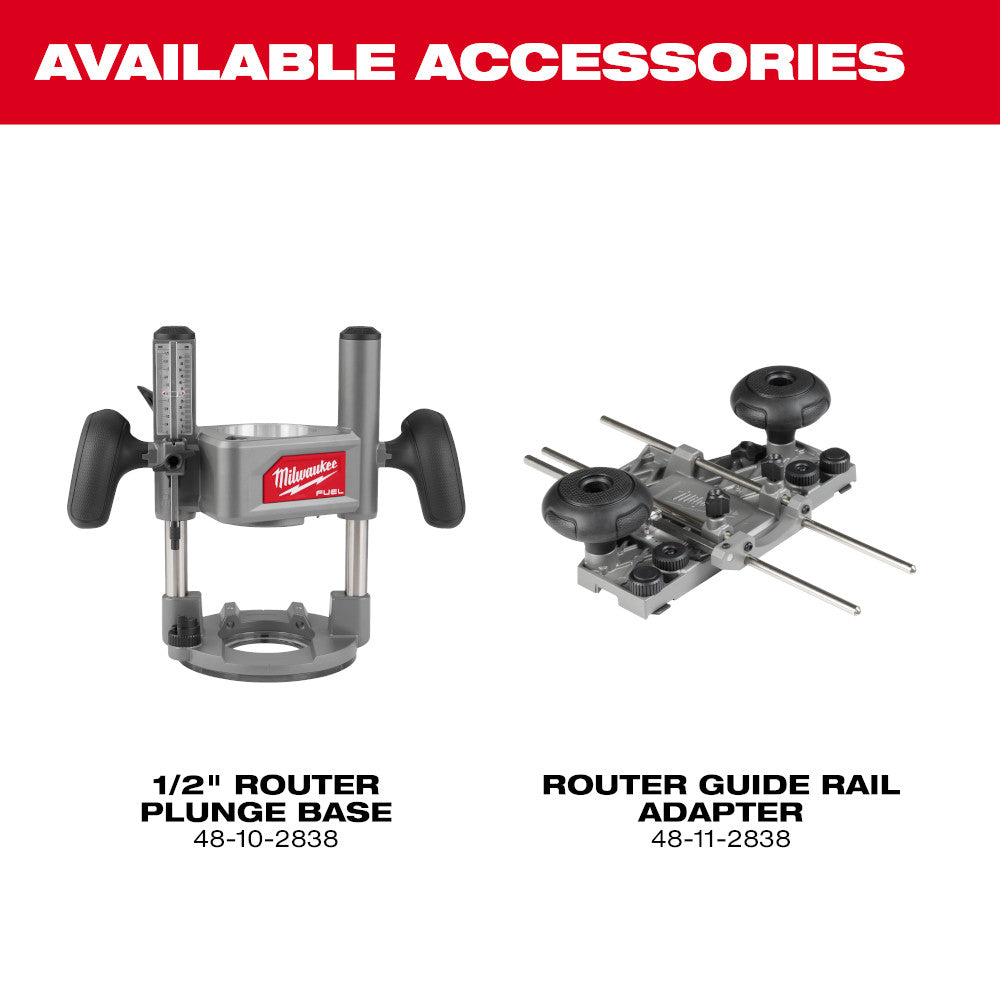 Available Accessories: 1/2" Router Plunge Base #48-10-2838, Router Guide    
 Rail Adapter #48-11-2838