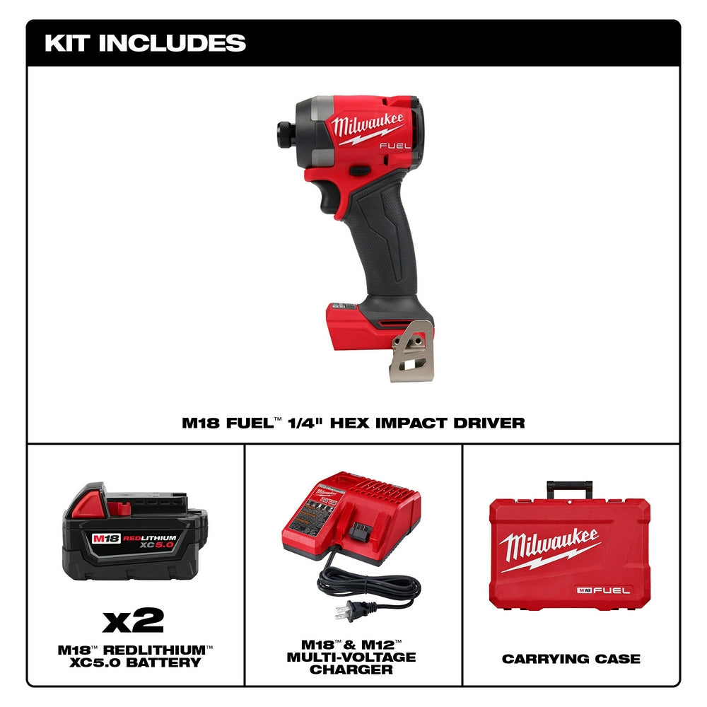 Kit includes M18 FUEL 1/4" Hex Impact Driver, 2 M18 Redlithium XC5.0 Batteries, M18 & M12 Multi-Voltage Charger, Carrying Case