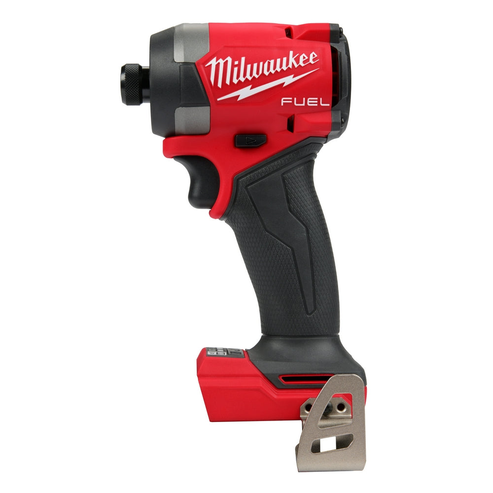 A red and black MILWAUKEE M18 FUEL 1/4" Hex Impact Driver power tool.