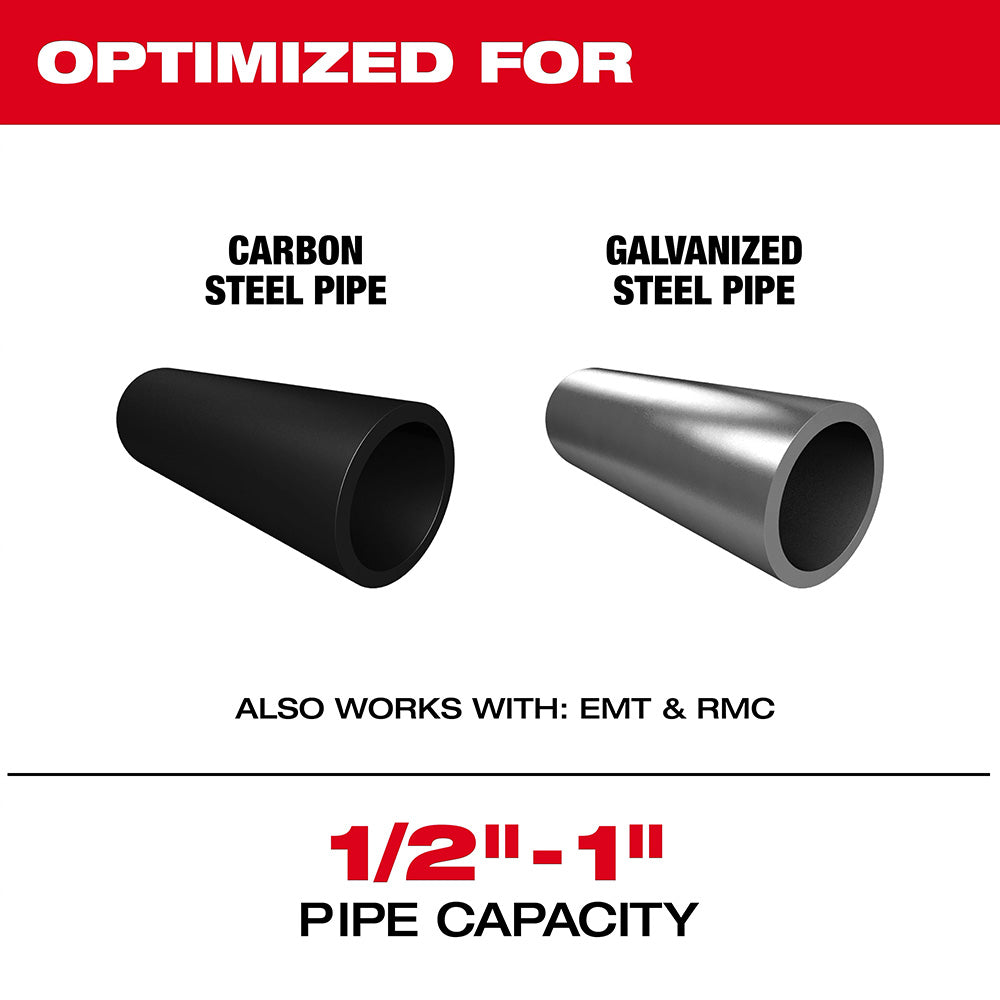 Optimized For Carbon Steel Pipe, Galvanized Steel Pipe, also works with: EMT & RMC 1/2"-1" Pipe Capacity