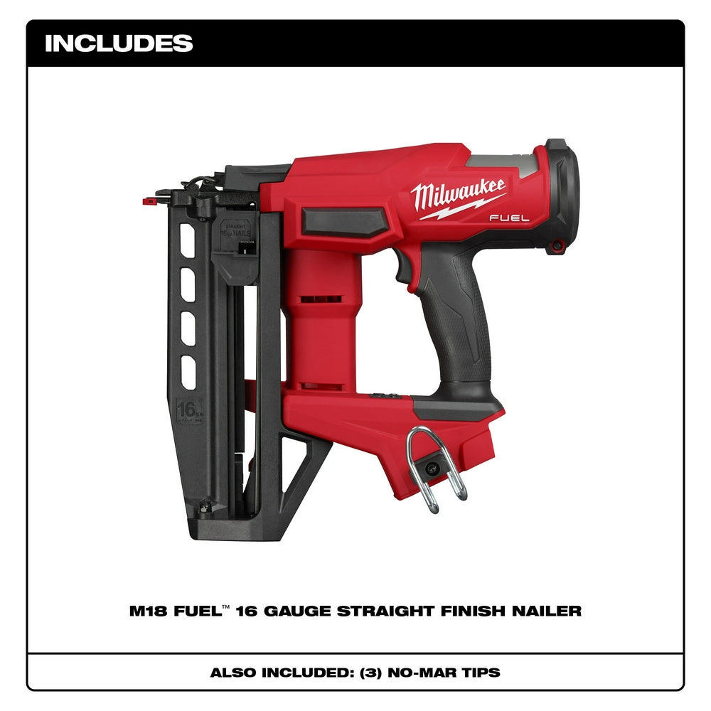 Includes M18 FUEL™ 16 Gauge Straight Finish Nailer and 3 No-Mar Tips