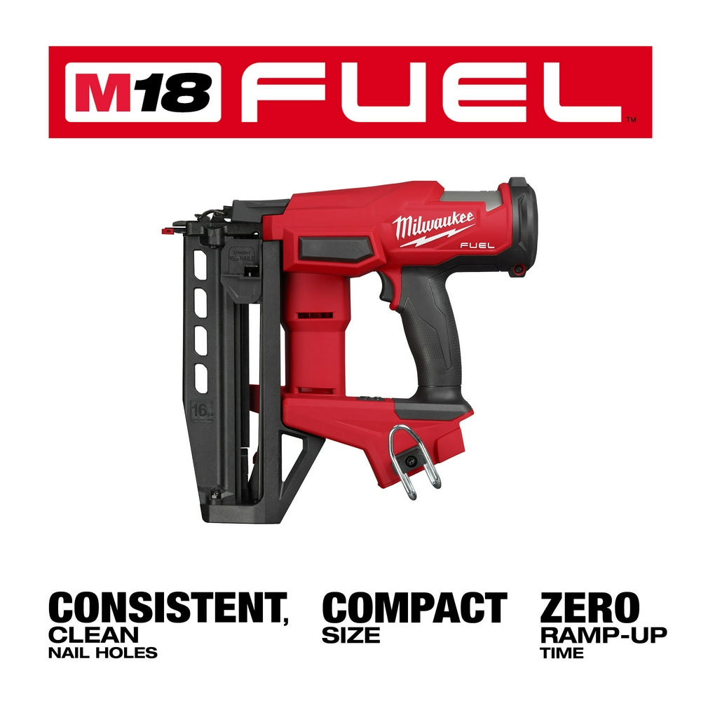 M18 FUEL™ 16 Gauge Straight Finish Nailer with branding and features on a white background