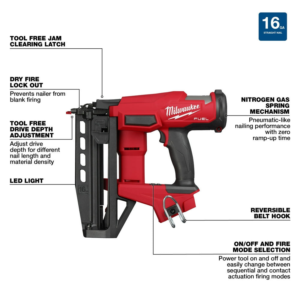 M18 FUEL™ 16 Gauge Straight Finish Nailer with feature labels on a white background