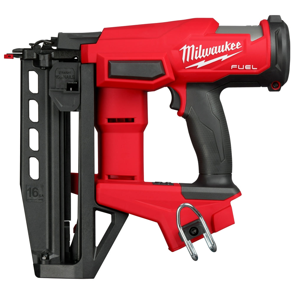 A red and black Milwaukee M18 FUEL 16 Gauge Straight Finish Nailer, a cordless power tool designed for nailing in woodworking applications.