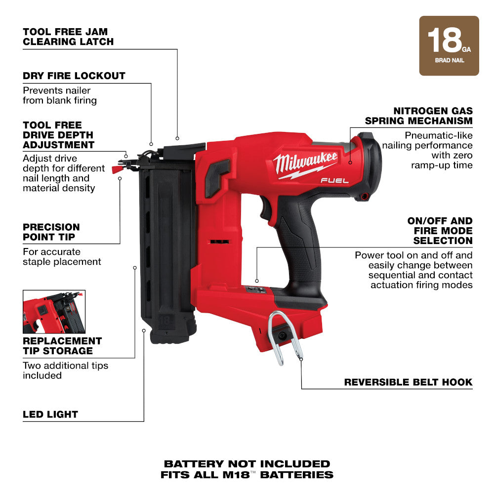 M18 FUEL™ 18 Gauge Brad Nailer with features highlighted on a white background
