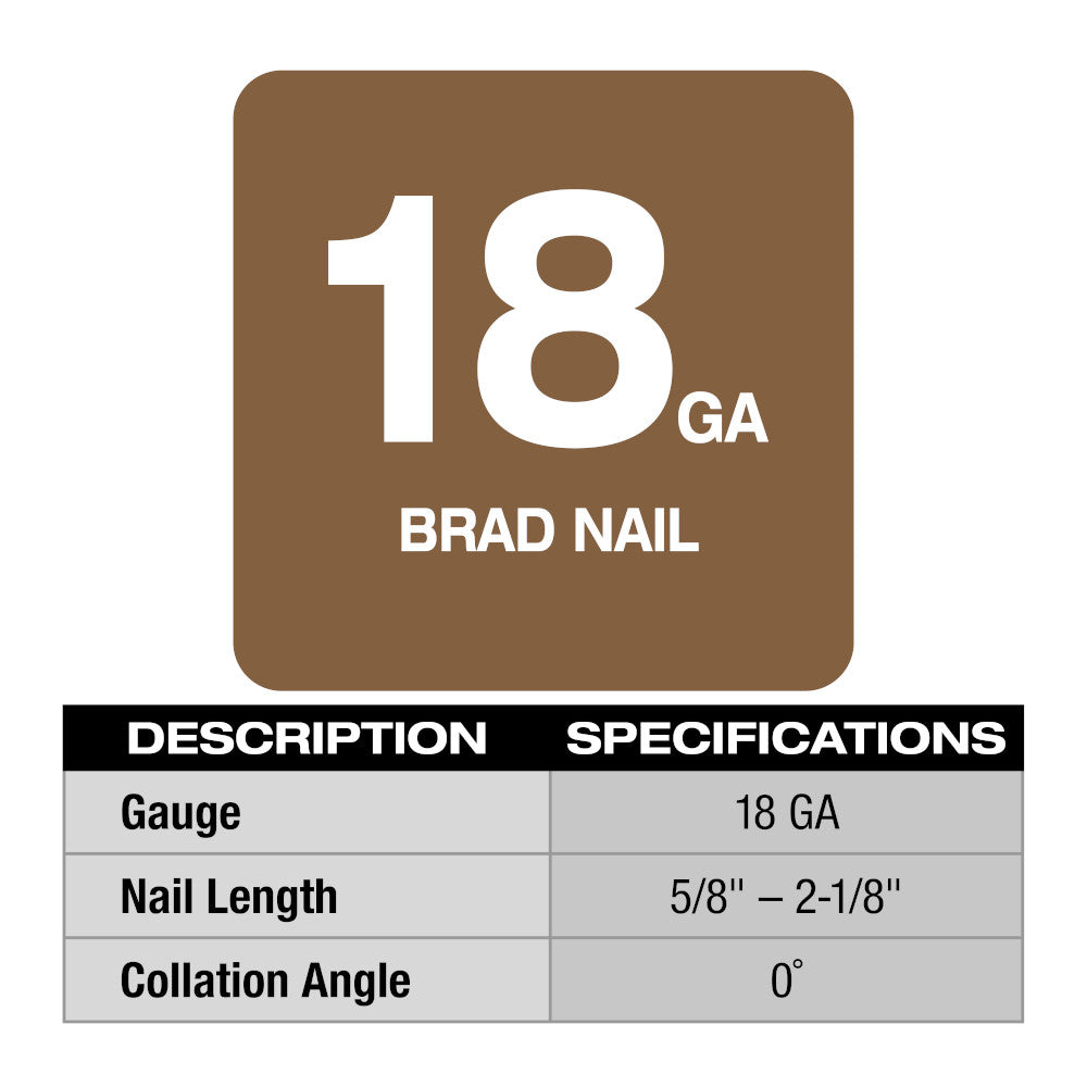Sign indicating 18 GA Brad Nail specifications with gauge, nail length, and collation angle details.