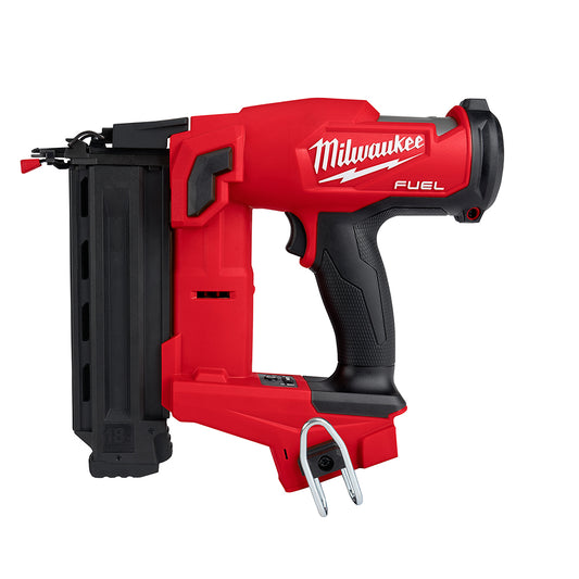 A red and black Milwaukee M18 FUEL 18 gauge brad nailer, designed for use in tight spaces and providing pneumatic performance.