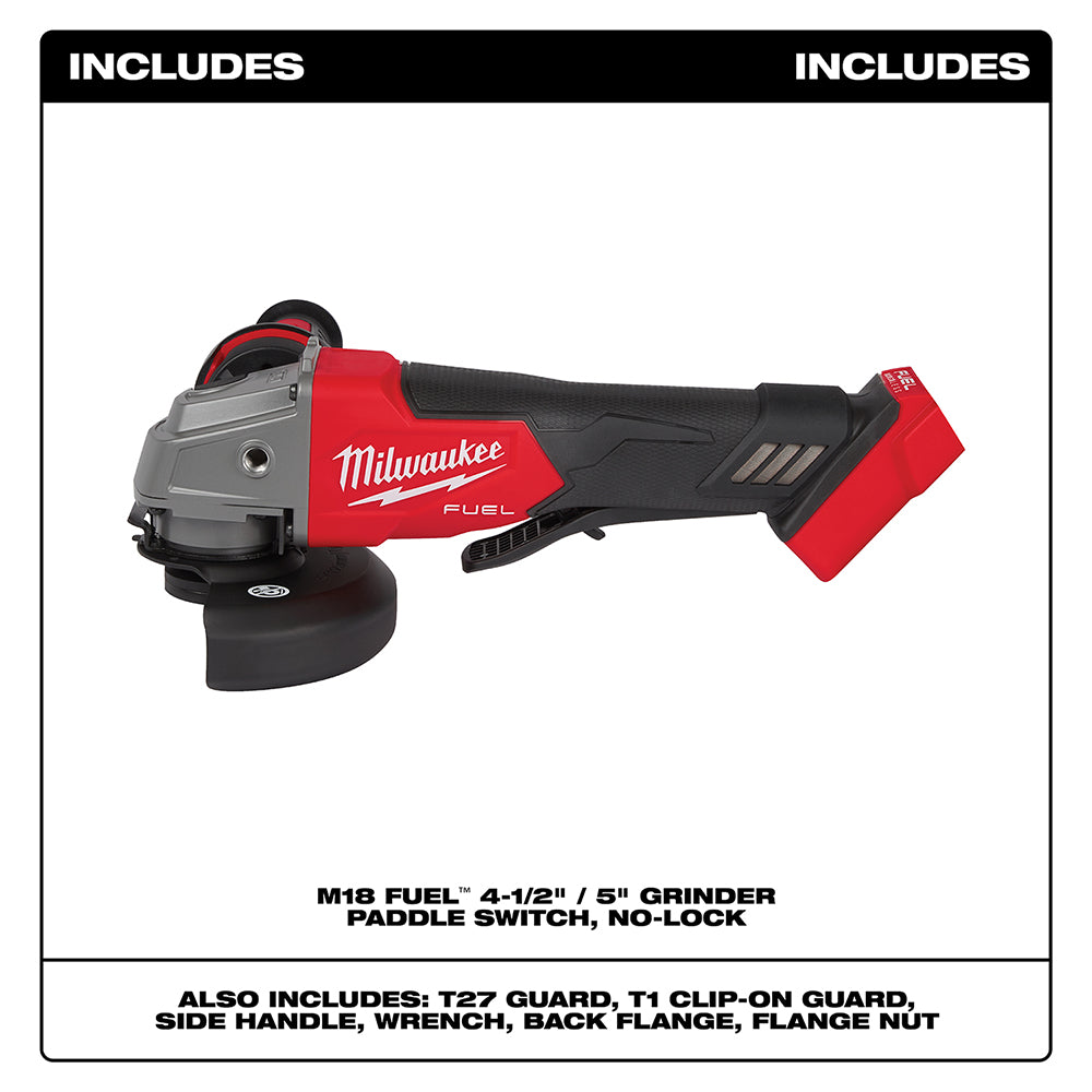 Red and black angle grinder with included components listed below.