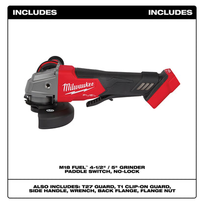 Red and black angle grinder with included components listed below.