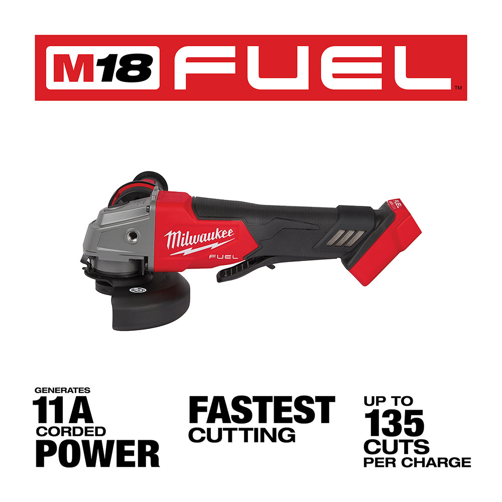 Cordless angle grinder with branding and feature text on a white background