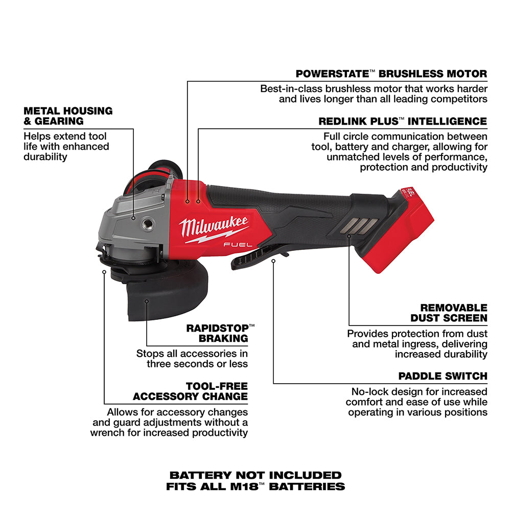 Angle grinder with labeled features on a white background
