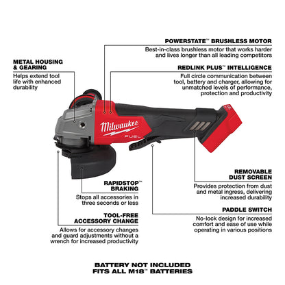 Angle grinder with labeled features on a white background