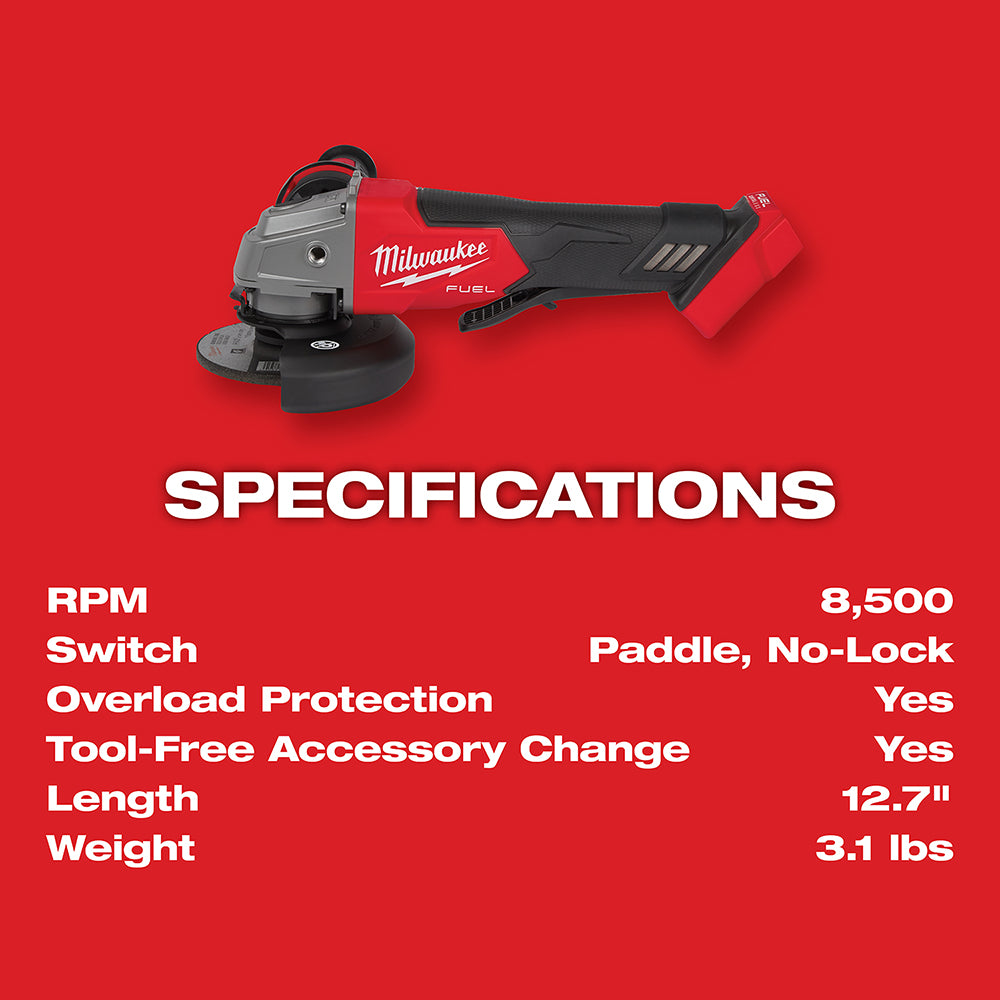 Angle grinder with specifications on a red background