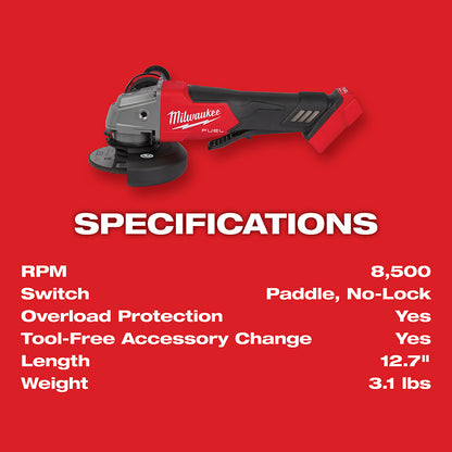 Angle grinder with specifications on a red background