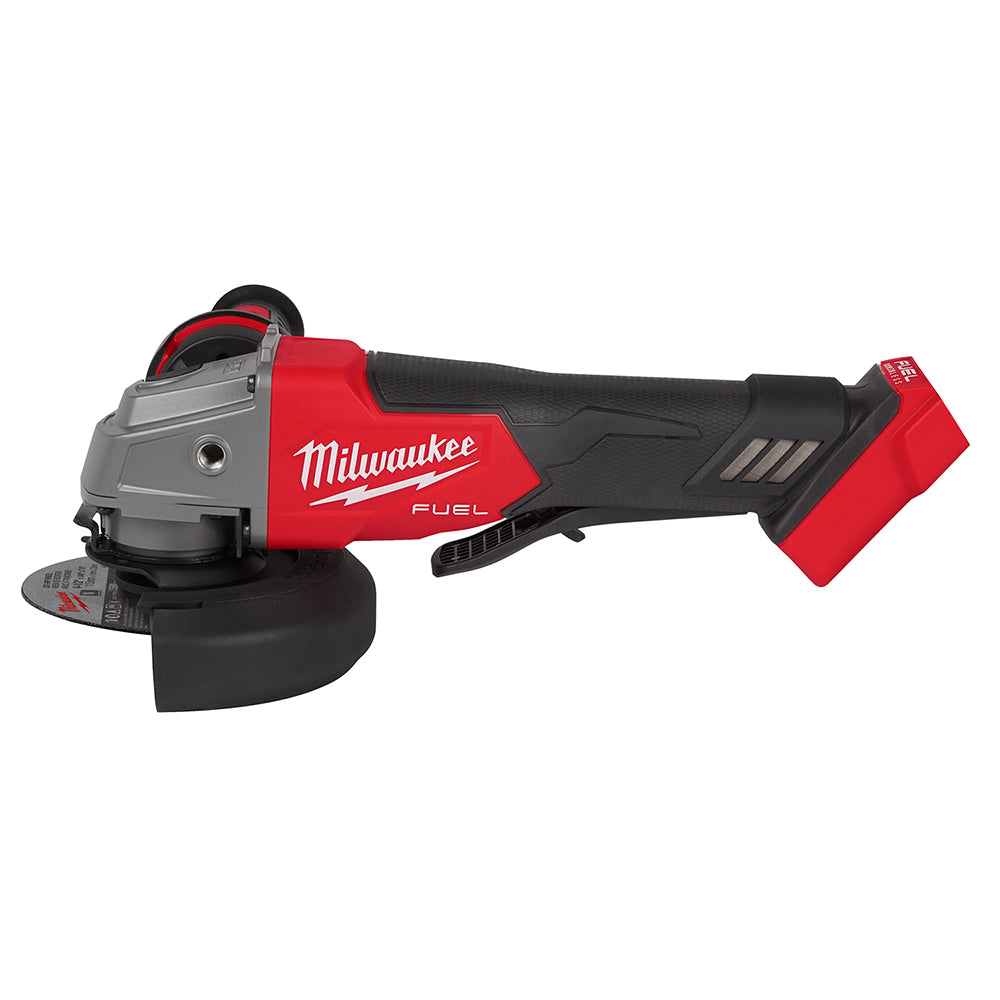 Milwaukee M18 FUEL 4-1/2 inch / 5 inch Grinder with a black body and red accents, featuring a paddle switch design.