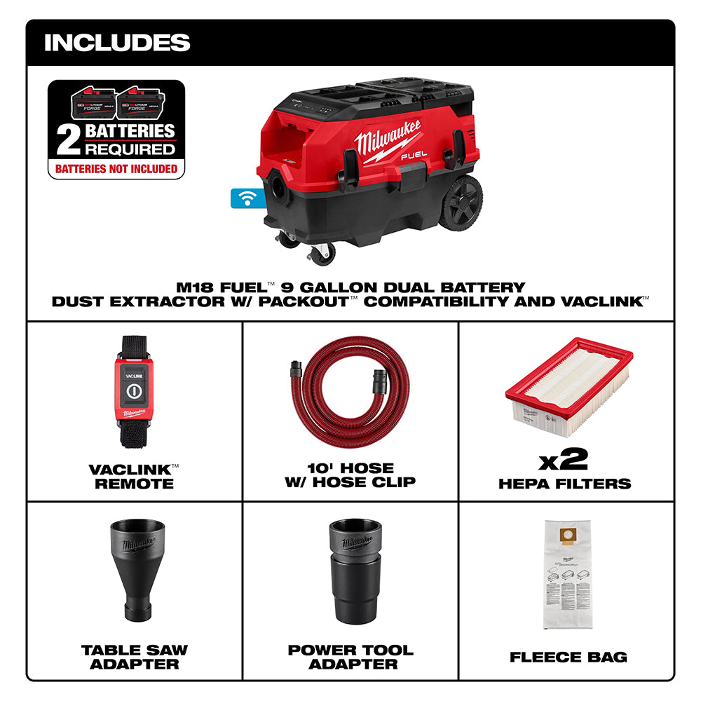 M18 FUEL™ 9 Gallon Dual Battery Dust Extractor w/ PACKOUT™ Compatibility and VACLINK™
