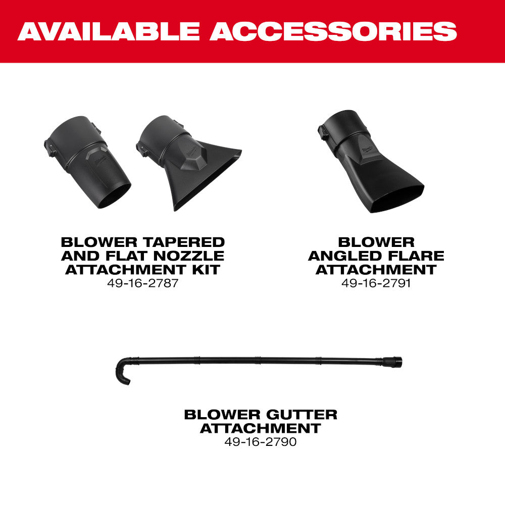 Available accessories for a blower including nozzles and gutter attachment on a white background.