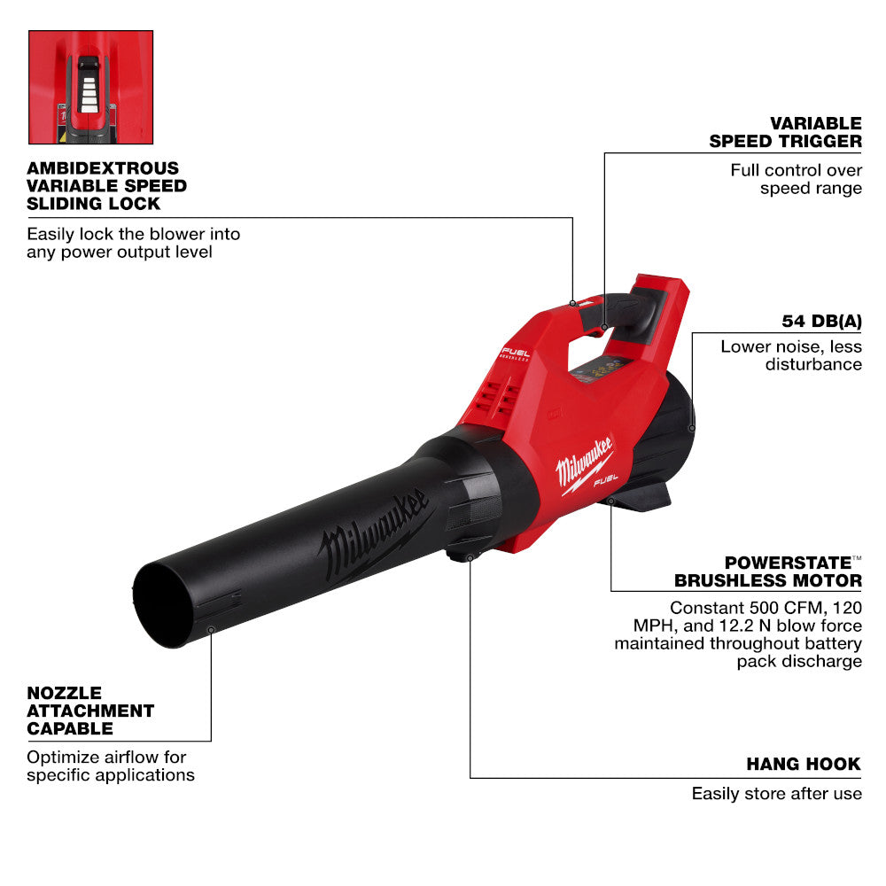 M18 FUEL™ Blower with labeled features on a white background