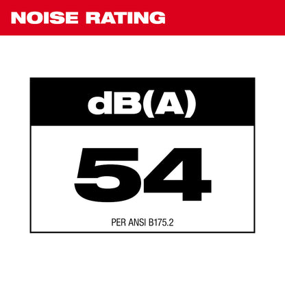 Noise rating label indicating 54 dB(A) compliance per ANSI B175.2 on a red background.